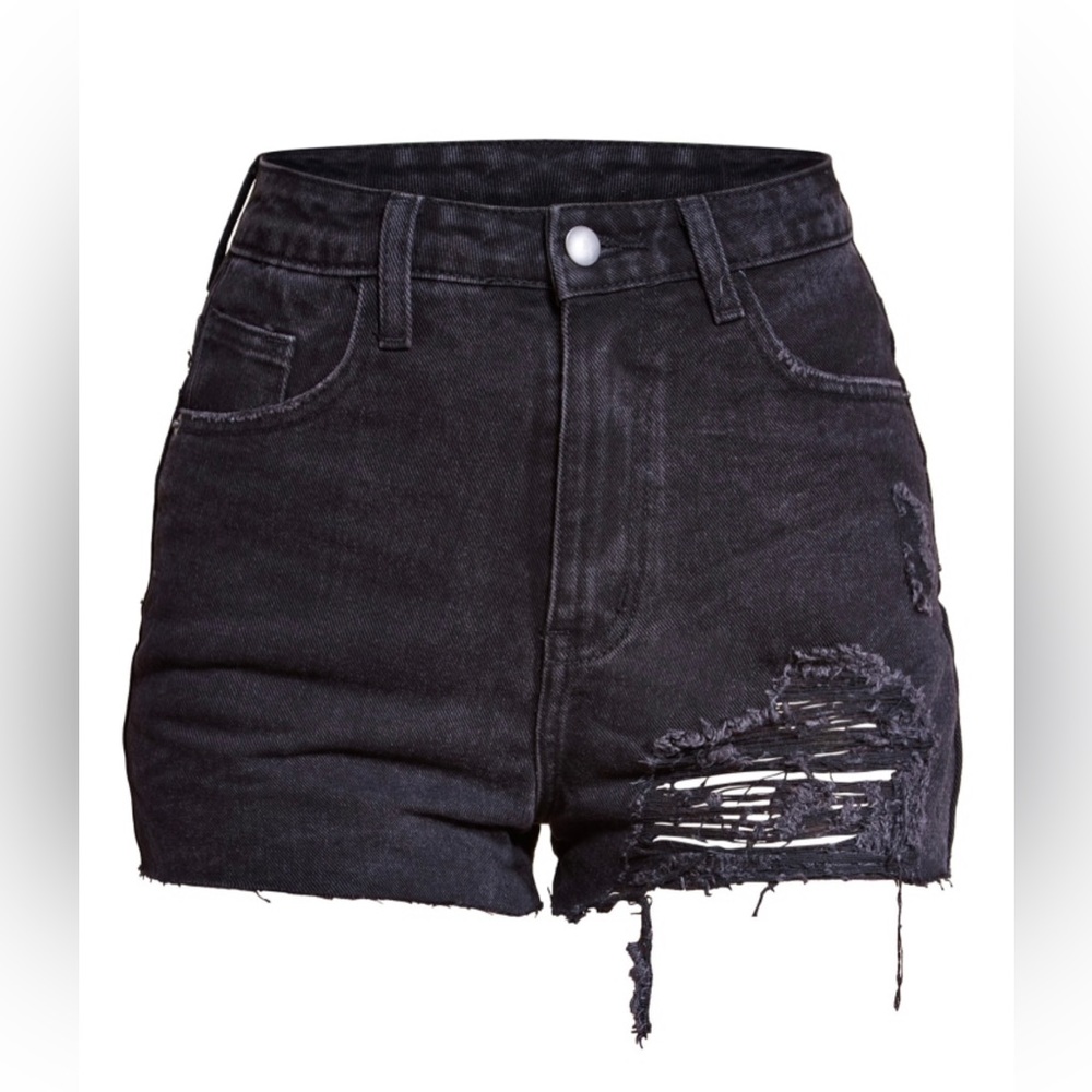 Prettylittlething Washed Black Ripped Jean Denim Mom Shorts